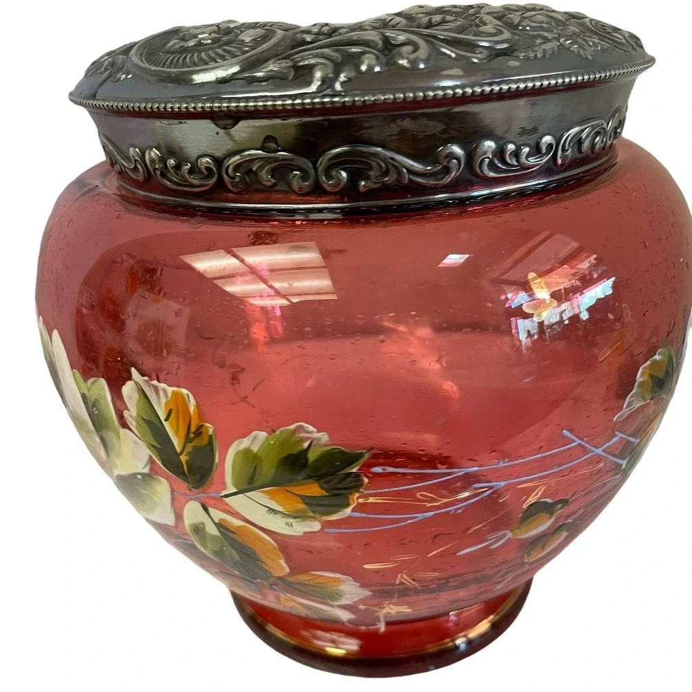 Antique Cranberry Glass Biscuit Jar Hand Painted Floral Victorian Silver Lid Red